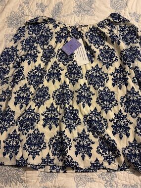 Hot in Hollywood Cream and Navy Damask Off-Shoulder Blouse